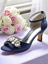 cheap Cocktail-Women&#039;s Black Satin Open Toe Heels with Ankle Strap and Crystal Gemstone Embellishment- Elegant Mid Heel Sandals for Cocktail Party &amp; Evening Wedding Reception and Formal Events