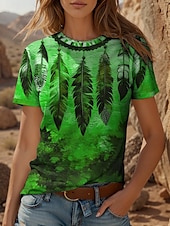 billige Boho t-skjorte-Dame T skjorte Nyanse Grafisk Årgang Stilfull Klassisk Kortermet Crew-hals Rund hals Vanlige topper Daglig Helg Trykt mønster Gul Rød Blå Lilla Grønn Sommer Vår