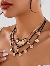 abordables Collier pour femme-Ensemble de colliers à breloques coquillages et pièces de monnaie en perles dorées et bleues pour femmes – colliers superposés de style bohème de plage avec des accents d&#039;étoiles de mer et de coquillages pour l&#039;été et les vacances
