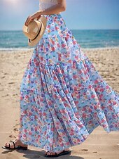 olcso Sifon szoknyák-Női Ázsiai méret Szoknya Hinta Hosszú hossz Nyár Maxi Magas derekú Szoknyák Virágos Színes Többrétegű Sifon Nyomtatott Mikroelasztikus Vakáció Alkalmi / Napi Fehér Arcpír rózsaszín Rubin Medence Nyár