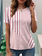 billige Stripe og geometrisk t-skjorte-Dame T skjorte Grafisk Geometrisk Årgang Stilfull Klassisk Kortermet Crew-hals Vanlige topper Daglig Helg Strand Klær Trykt mønster Rosa Blå Lilla Grønn Grå Sommer Vår