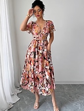 abordables Robes de cocktail-Robe de Quinceanera A-Line Robe élégante Mariage Invité de mariage Longueur thé À manches courtes Col en V Chiffon avec imprimé floral Robe d&#039;invitée de mariage 2025