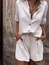 abordables Ensembles-Femmes Actif Mode Chemises en coton et lin Ensembles en coton et lin Chemisier Manche Courte Col de chemise Couleur Unie Dubbele Rij Knopen Sortir Week-end Noir Blanche Bleu Été Coupe régulière