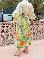 ieftine Rochii casual florale-Pentru femei Rochie Lunga Rochie Maxi Rochii de in bumbac Rochie casual Modă Mâneci Bufante În aer liber Petrecere Concediu Fit regulat Floare Manșon Lung Guler Cămașă Trifoi Vară