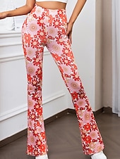 cheap Wide Leg &amp; High Waisted-Women&#039;s Bell Bottom Slacks Fashion Boho Full Length Natural Flower Elastic Waist Printing Outdoor Comfortable Holiday Going out Magenta Orange red Black Pink Summer Regular Fit