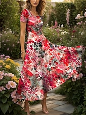 preiswerte Blumenkleider-Damen Maxikleid Freizeitkleid A Linie Kleid Sommerkleid Elegant Urlaub Lässig Normale Passform Grafik Blatt Kurzarm Quadrathals Rundausschnitt Gelb Rote Blau Purpur Sommer