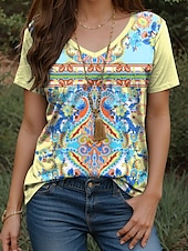 ieftine tricou boho-Pentru femei Tricou Floral Grafic Imprimeu Paisley Epocă Stilat Casual Manșon scurt În V Topuri obișnuite Zilnic Imprimeu Galben Roz Îmbujorat Albastru piscină Mov Vară