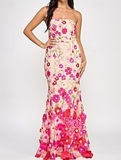 cheap PINK-Hot Pink Mermaid / Trumpet Evening Gown Elegant Dress with Stretch Crepe Jacket Semi Formal Wedding Floor Length Sleeveless Strapless Floral Embroidery Lace