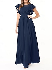 baratos Vestidos para Madrinhas-Vestido de dama de honra em corte A, gola redonda, manga longa, elegante, longo, chiffon com pregas / franzido 2025