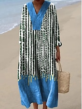 economico Abiti a Strisce e Geometrici-Per donna Abito Midi Vestito Estivo Abito a trapezio Vacanza Casual Boho Uscire Spiaggia Vestibilità comoda Grafico Manica Lunga Scollo a V Nero Blu Arancione Cachi Estate Primavera