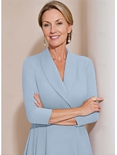 baratos Comprimento do chão-vestido blazer linha a mãe da noiva vestido crepe elegante simples lapela decote comprimento chá cetim manga 3/4 com cor sólida 2025