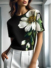 ieftine tricou floral-Pentru femei Tricou Floral Grafic Plante Epocă Stilat Clasic Manșon scurt Stil Nautic Rotund Topuri obișnuite Zilnic Sfârșit de săptămână Imprimeu Negru Albastru piscină Mov Trifoi Gri Vară Primăvară