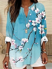 abordables Hauts Floraux-Femmes Hauts d&#039;été Fleuri Graphique ancien Tropical Hawaïen manche longue Col en V Hauts Réguliers Quotidien Fête Tenue de plage Imprimé Blanche Vert Claire Bleu Kaki Été Printemps