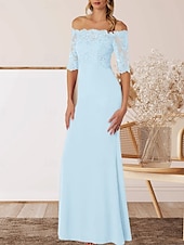 cheap Floor Length-A-Line Mother of the Bride Dress Wedding Guest Elegant Off Shoulder Floor Length Chiffon Half Sleeve with Lace