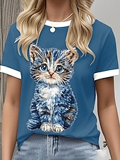 economico Maglietta Animali-Per donna Maglietta Grafico Animale Gatto Vintage Elegante Classico Manica Corta Girocollo Top Regolari Quotidiano Weekend Stampato Nero Bianco Blu Grigio Estate Primavera