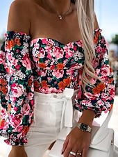 preiswerte Damen Grafik Tops-Damen Boho-Hemd Bluse Blume Modern Boho Langarm Schulterfrei Normale Oberteile Täglich Ausgehen Druck Erröten Sie Rosa Rosa Wein Rote Purpur Sommer
