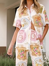 preiswerte Sets-Damen Mode Streetwear Baumwoll-Leinen-Sets Hosen-Sets Kurzarm Hemdkragen Pflanze Druck Alltagskleidung Date Weiß Sommer Normale Passform