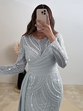 abordables BLEU-Robe de soirée colonne bleue élégante robe de carnaval formelle longueur de sol manches longues décolleté illusion sequins avec paillettes