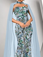 voordelige GROEN-Lichtblauwe Cape Jurk Zeemeermin  Trompet Avondjurk Elegante Jurk Formele Bruiloft Vloerlengte Mouwloos Strapless Stretch Crepe met Beading Kant