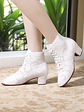 economico Scarpe per balli latini-stivali da danza da donna bianchi con lacci e dettagli in strass - scarpe da palcoscenico in stile vintage per spettacoli da sala, spettacoli in costume ed eventi teatrali