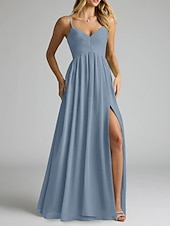 baratos Vestidos para Madrinhas-Vestido de dama de honra em corte A, decote em V / alças finas, sem mangas, elegante, longo, chiffon com pregas / frente aberta / franzido 2025