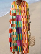 economico Abiti a Strisce e Geometrici-Per donna Abito Midi Vestito Estivo Abito a trapezio Vacanza Casual Boho Uscire Spiaggia Vestibilità comoda Grafico Manica Lunga Scollo a V Nero Blu Arancione Cachi Estate Primavera