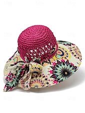 cheap Women&#039;s Hats-Women&#039;s Wide Brim Straw Sun Hat with Colorful Ethnic Print Bow – Boho Style Foldable Beach Hat for Summer Travel and Vacation