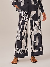 economico Pantaloni-pantaloni a gamba larga in raso geometrico bianco e nero