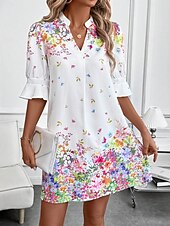 economico Abiti floreali-Per donna Mini Abito Abito a trapezio Vacanza Casual Boho All&#039;aperto Uscire Spiaggia Vestibilità standard Floreale Grafico Manica Corta Scollo a V Bianco Rosa Blu Verde Estate Primavera