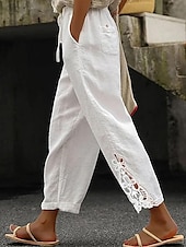 abordables Pantalon uni en coton et lin-Femmes Pantalon texturé en polycoton et lin Pantacourt Mode Streetwear Confort Longueur cheville Taille Moyenne Uni Dentelle Confortable Rue Tenue quotidienne Sortir Noir Blanche Bleu Vert Été Coupe
