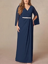 preiswerte Bodenlänge-A-Linie Brautmutterkleid Hochzeitsgast Elegant V Ausschnitt Bodenlang Chiffon Spitze Langarm mit Falten Perlenstickerei Raffung 2025