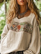 halpa Boho-topit-Naisten länkkäripaita boheemi paitapusero kukkakuvio moderni rento pitkähihainen v-aukkoinen normaali topit päivittäin juhla bile printti musta fuksia oranssi aprikoosi harmaa kesä syksy