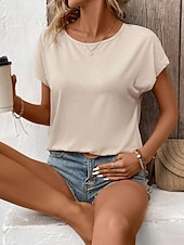 preiswerte Einfarbiges T-Shirt-Damen T-Shirt Einfarbig Einfach Mode Modern Lässig Kurzarm Rundhalsausschnitt Regulär Oberteile Täglich Wochenende Spitze Patchwork Schwarz Weiß Pink Khaki Sommer