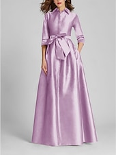 preiswerte GELB-A-Linien-Abendkleid Champagner Gold Minimalistisches Kleid Formal Hochzeitsgast Bodenlang Halber Ärmel Hemdkragen Satin mit Schleife(n) Falten