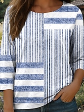 billige Kvinne Striper &amp; Geometriske Topper-Dame Bluse Grafisk Stripet Bohem Daglig Etnisk 3/4 ermer Crew-hals Vanlige topper Daglig Ferie Trykt mønster Blå Lilla Grønn Kakifarget Sommer Vår