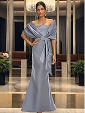 ieftine albastru-Trompetă / Sirenă Rochii de seara Elegant Rochie Oficial Nuntă Lungime Podea Manșon scurt Bretele Spagheti Cureaua / Sash Satin cu Volane Șal 2025