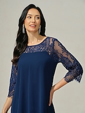 abordables Robe Simple-robe d&#039;invitée de mariage pour femme robe unie robe midi dentelle mousseline patchwork décontracté col rond manches 3/4 robes de cocktail robes formelles couleur bleue