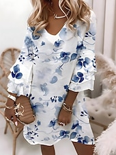 abordables Robes fleuries-Robe mini pour femme, robe trapèze, robe d&#039;été, robe bohème, soirée, coupe classique, volants superposés, manches 3/4, col en V, bleu clair, vert clair, violet, été