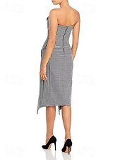 economico Abiti da cocktail-Abito Houndstooth Abito Tuxedo A-Line Abiti Cocktail Abito Blazer Formale Semi Formale Lungo al Ginocchio Midi Senza Maniche Blazer con Rever e Tasche Bottoni di Cristallo Ospite di Nozze