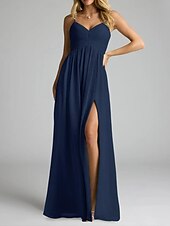 baratos Vestidos para Madrinhas-Vestido de dama de honra em corte A, decote em V / alças finas, sem mangas, elegante, longo, chiffon com pregas / frente aberta / franzido 2025