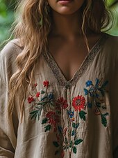 economico T-shirt Boho-Per donna Camicie di cotone e lino Camicia Boho Blusa Fiore Moderno Boho Manica Lunga Scollo a V Top Regolari Quotidiano Ferie Stampato Albicocca Estate