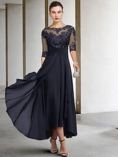 voordelige Vloerlengte-A-Lijn Moeder van de Bruid Jurk Bruidsgast Elegant Plus Size Hoog Laag V-Hals Asymmetrisch Enkel Lengte Chiffon Kant Halve Mouw met Beading Applicaties gratis maatwerk