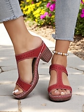 economico Sandali Comodi-sandali da donna con cinturino a T rosso - tacco comodo e design traforato, ideali per abbigliamento casual ed eventi estivi alla moda