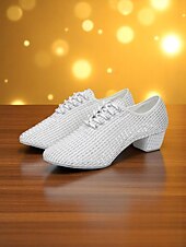 preiswerte Lateinamerikanische Schuhe-Weiße Mesh-Latein-Tanzschuhe für Damen mit niedrigem, klobigem Absatz und funkelnden Strasssteinen – atmungsaktives, professionelles Standardschuhwerk für Künstler und Wettbewerbe