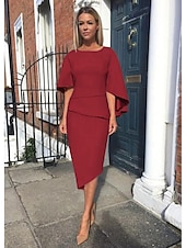 preiswerte Teelänge-Sheath Kleid der Mutter der Braut Hochzeitsgast Elegantes Einfaches Plus Size Juwel Dekolleté Asymmetrisch Knie Länge Charmeuse Halblange Ärmel mit Stufen kostenlose Sondergröße