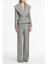 cheap Mom&#039;s Pant Suits-Houndstooth Plaid Pantsuit Two Piece Mother of the Bride Pantsuit Elegant Vintage Simple V Neck Floor Length Long Sleeve with Pleats