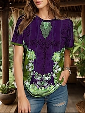 billige Boho t-skjorte-Dame T skjorte Blomstret Grafisk Fargeblokk Bohem Årgang Etnisk Kortermet Crew-hals Rund hals Vanlige topper Daglig Ut på byen Helg Trykt mønster Rød Blå Lilla Grønn Sommer Vår