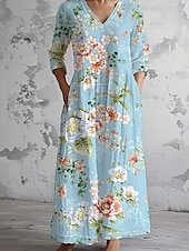 preiswerte Blumenkleider-Damen Midikleid A Linie Kleid Sommerkleid Lässig Täglich Normale Passform Blumen Grafik Dreiviertelarm V Ausschnitt Rosa Blau Sommer