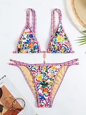 abordables Ensemble de bikinis-Femmes Maillots de Bain Bikini 2 pièces Maillot de bain Dos nu Tropical Tenues de plage Fleur Col en V Sans manches Maillots de bain