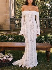 levne Bílé krajkové šaty-Dámské Dlouhé šaty Maxi šaty Krajkové šaty Šaty na ples Šaty na párty Elegantní Módní Párty Zvláštní příležitosti Večerní oslava Běžný Bez vzoru Dlouhý rukáv Pod rameny Černá Bílá Léto